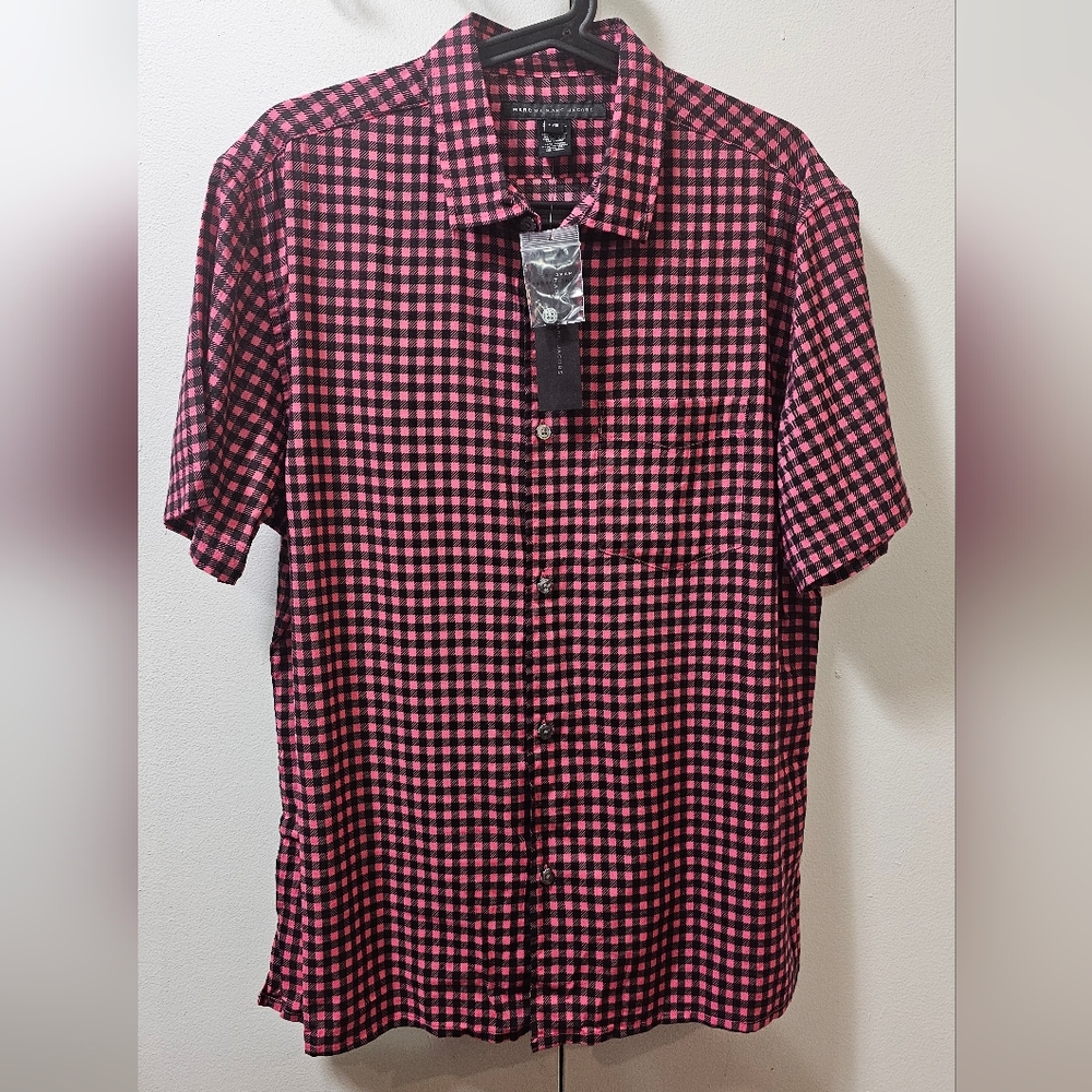 $188 Marc by Marc Jacobs Men's Checked Pink Short Sleeve Button Shirt Size Large